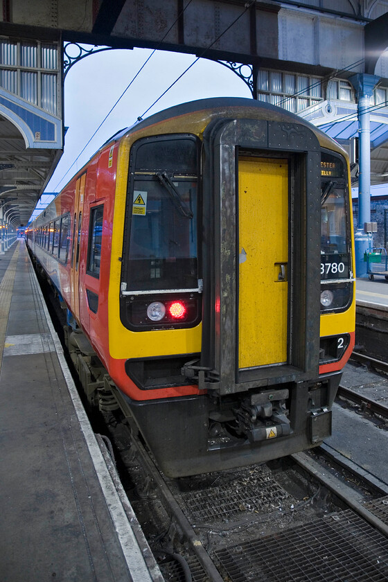 158780, EM 16.57 Norwich-Manchester Piccadilly, Norwich station 
 East Midlands Trains' 158780 waits at Norwich station before working the 16.57 service to Manchester Piccadilly. EMT operates trains between Norwich to Nottingham, Liverpool Lime Street as well as Manchester all using a fleet of Class 158 units. 
 Keywords: 156407 16.45 Norwich-Sheringham 170270 16.40 Norwich-Great Yarmouth Norwich station East Midlands Trains EMT