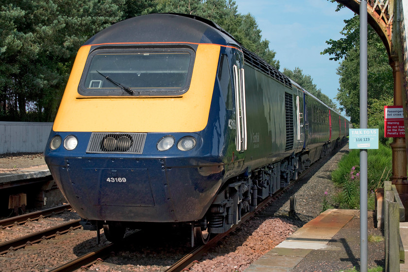 43169, SR 13.57 Aberdeen-Edinburgh Waverley (1B35, RT), Springfield station 
 The last time that I saw this HST power car it was passing Severn Tunnel Junction with Paddington to Cardiff Central service! Now wearing its ScotRail livery but still in its former paint scheme, it races through Springfield station with the 13.57 Aberdeen to Edinburgh Waverley service. This must be an infinitely better way to make this superb journey enjoying fantastic coastal views than in a noisy unit. 
 Keywords: 43169 13.57 Aberdeen-Edinburgh Waverley 1B35 Springfield station