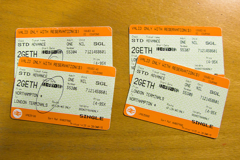 Tickets, Northampton-London Euston-Northampton 
 Pretty good value on this particular day, less than 20 return for the pair of us is good going in anybody's books!