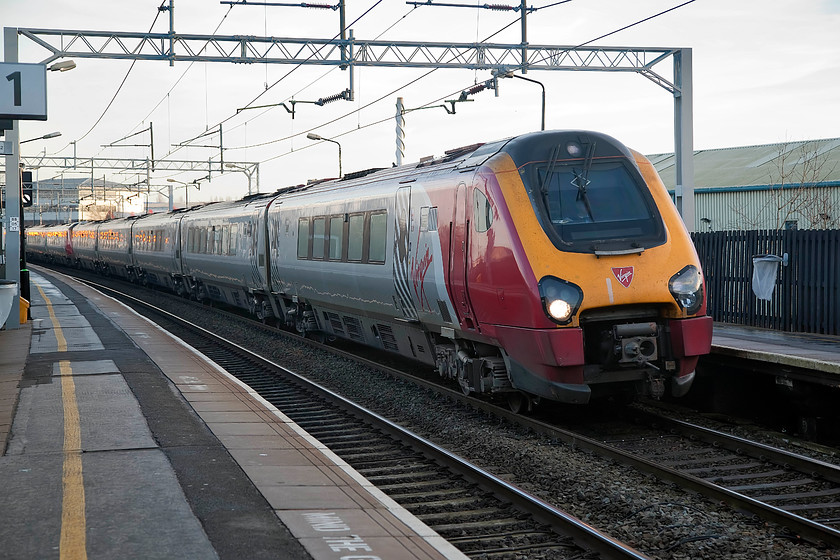 221102, VT 13.43 London Euston-Glasgow-C (9S77, terminated at Preston, 1E), Sandwell & Dudley station 
 Super Voyager 221102 'John Cabot' leads into Sandwell and Dudley station forming the 13.43 London Euston to Glasgow central. Unfortunately, this service was terminated at Preston so passengers for Scotland would have had to make alternative arrangements. The unit is named after the 15th century explorer who set of form Bristol with a fleet of ships and was the first to discover the coast of what we now know as North America. 
 Keywords: 221102, 9S77 Sandwell & Dudley station