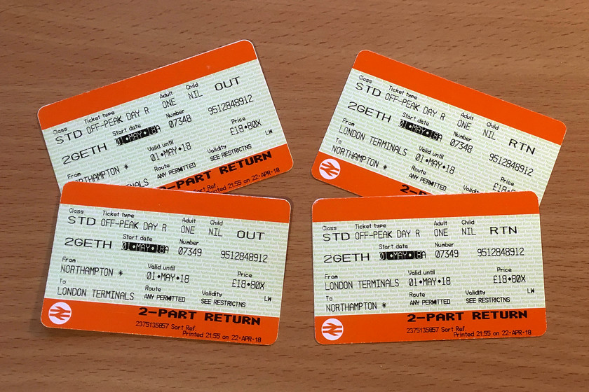 Tickets, Northampton-London Euston-Northampton 
 Our tickets to Euston and back, not the cheapest this time, especially given the very late train home.