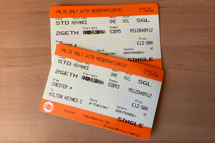 Tickets, Chester-Milton Keynes Central 
 Our return tickets from Chester were a lot cheaper than our outward tickets, see..... https://www.ontheupfast.com/p/21936chg/30028203652/tickets-milton-keynes-central-chester ! The return journey with everything running to time worked out at ten pence per mile whereas the outward was nearly double at nineteen pence per mile! 
 Keywords: Tickets Chester-Milton Keynes Central