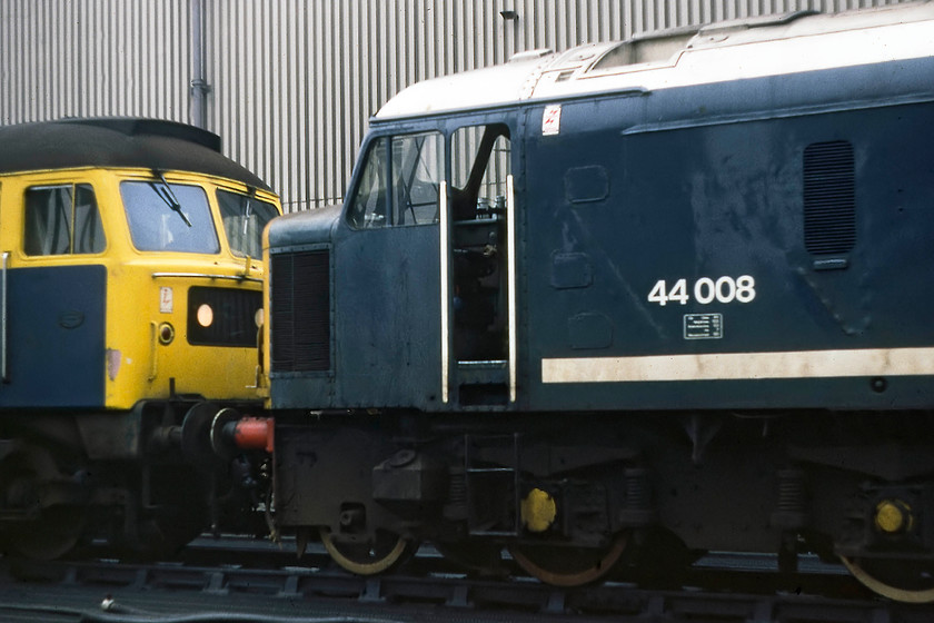 44008 & 47355, fueling point, Toton MPD 
 44008 (ex D8 'Penyghent') is on the fueling point at Toton MPD with 47355. With its one-off livery, it was instantly recognisable and is one of two 44s that have been preserved, the other being 44004. At the time of writing, 44008 is at Peak Rail in Derbyshire undergoing an extensive restoration, see.... https://www.ontheupfast.com/v/photos/21936chg/25743504804/d8-rowsley-depot 
 Keywords: 44008 47355 fueling point Toton MPD