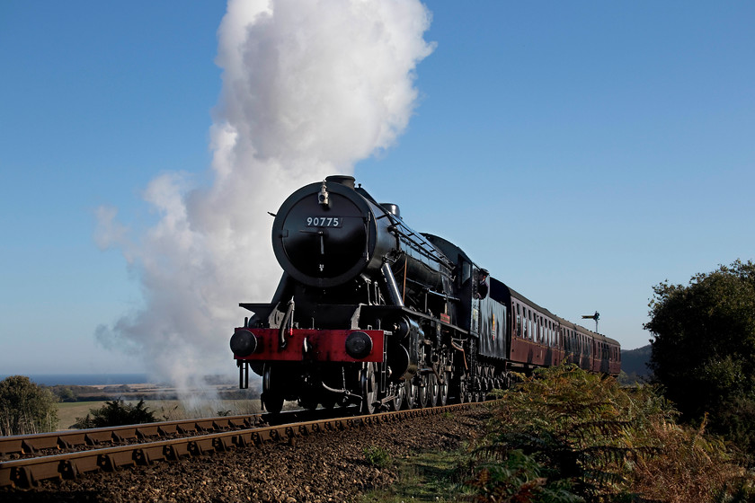 90775, 10.30 Sheringham-Holt, Kelling Bank 
 WD 2-10-0 90775 'The Royal Norfolk Regiment' makes easy work of the 1:80 gradient at Kelling between Weybourne and Holt. It is leading the 10.30 Sheringham to Holt service; the first steam hauled service of the day. I love this spot but it takes a little getting to and and high-viz. is essential to keep everybody happy and safe. 
 Keywords: 90775 10.30 Sheringham-Holt Kelling Bank