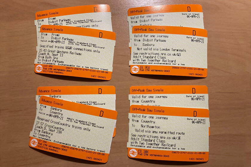 Tickets, Frome-Northampton 
 Using split ticketing the journey from Frome to Northampton was divided into four legs travelling on four services operated by three TOCs. Apart from the early termination of our last train at Rugby and the dreaded bustitution all went to plan with lightly loaded trains due to the continuing COVID 19 situation. However, the lack of catering facilities both on and off the trains and the lack of warm waiting facilities were notable. I must also add that the journey on the bus was fairly crowded and for the very first time since the pandemic began over a year ago, I felt decidedly uncomfortable in a public situation. 
 Keywords: Tickets Frome-Northampton