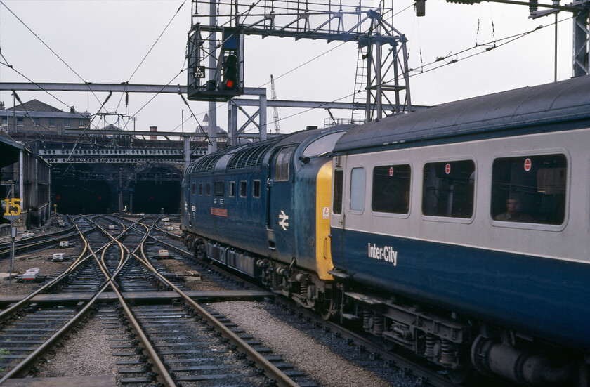 55004, 16.05 London King's Cross-York (1L44), London King's Cross station 
 With such limited resources in terms of film, a going-away shot did seem a little bit of an extravagance! However, being such a fan of Deltics I must have made an exception on this visit to King's Cross. 55004 'Queen's Own Highlander' eases the 1L44 the 16.05 semi-fast service to York away from King's Cross. The poor external condition of this Deltic, and most of the rest of the fleet at this time for that matter, was a reflection of that most had just months left in service before final withdrawal on 02.01.82 marking the end of a fine era of first-generation diesel traction. 
 Keywords: Queen's Own Highlander