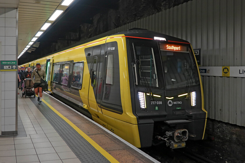 777038, ME 10.26 Hunts Cross-Southport (2S17, 1L), Liverpool Central station 
 Our first journey of the day on the Merseyrail network took us from Liverpool South Parkway to Liverpool Central for us to change from the Northern Lines to a Wirral Lines train. On arrival at Central, I turned my camera towards 777038 working the 10.26 Hunts Cross to Southport 2S17 service. I was taking a risk doing this following my altercation with Merseyrail staff on my last visit to this station, see.... https://www.ontheupfast.com/p/21936chg/23847801404/x507025-2u23-liverpool-central-station 
 Keywords: 777038 10.26 Hunts Cross-Southport 2S17 Liverpool Central station Mreseyrail