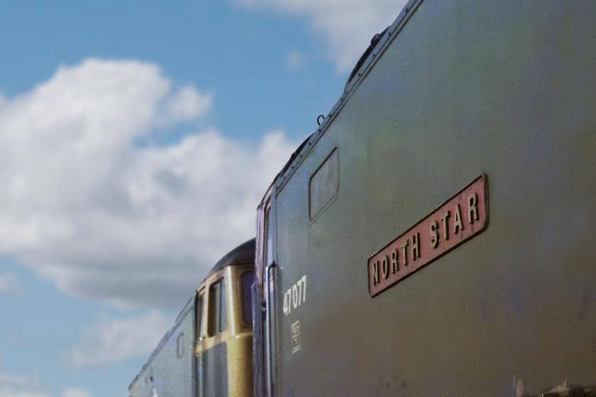 Nameplate, 47077, stabled, Westbury MPD 
 On the way back from seeing the MKT railtour at Fairwood Junction I took a quick tour of Westbury depot. As it was a Sunday there were no staff about so I was able to wander about with impunity; how things have changed! This image shows one of Western Region's named class 47s. It was named at London Paddington less than a month after it was released into traffic in March 1965 by Ray Gunter, Minister of Labour in Harold Wilson's government. Gunter himself was a former railwayman and union leader who died six months prior to this picture being taken. However, 47077 lives on now as 47840 preserved on the West Somerset Railway and still carrying its 'North Star' name.