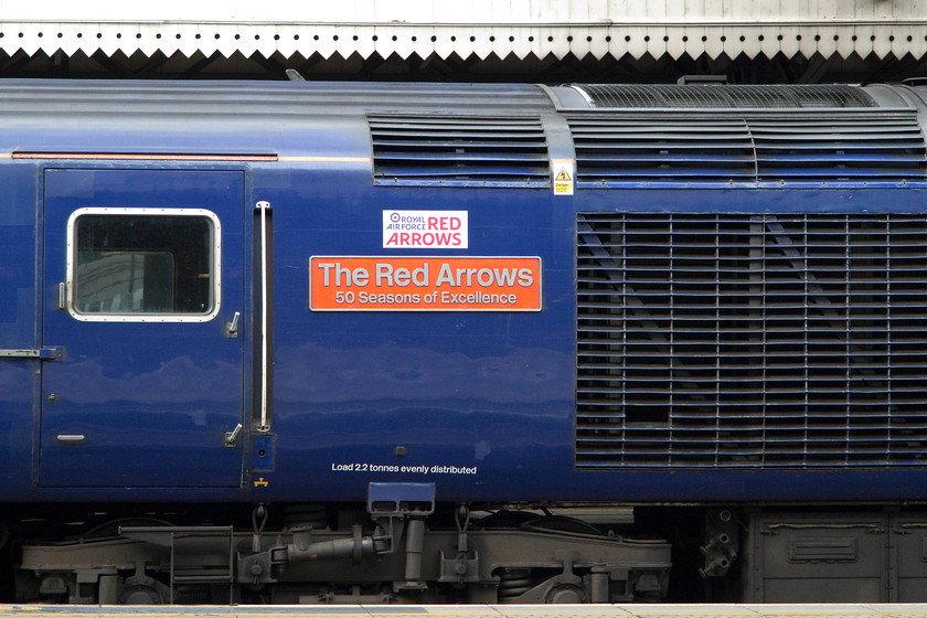 Nameplate, 43155, GW 10.01 Pembroke Dock-London Paddington (1L62, 10L), London Paddington station 
 Having arrived with the 10.01 Pembroke Dock to Paddington working 43155 sits at the back of the train showing off its 'The Red Arrows 50 Years of Excellence' nameplate. This power car was named on 21.08.14 and promptly used on a the Exeter to Dawlish shuttles in association with the Dawlish airshow. 
 Keywords: Nameplate 43155 1L62 London Paddington station