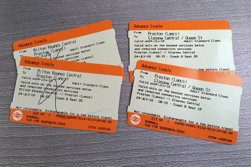 Tickets, Milton Keynes Central-Glasgow central 
 When I initially went to book these tickets, the cheapest seats that I could secure were going to cost in excess of 160. I left it for a few weeks and tried again. Low-and-behold, suddenly a split-ticket arrangement on our preferred train was under 90 for the pair of us. Obviously, a tranche of fresh seats had been released as the early ones had not all sold. So, it goes to show once again, the crazy situation with regard to the UK rail ticketing arrangements that leads to the unknowing general public being relentlessly ripped off.