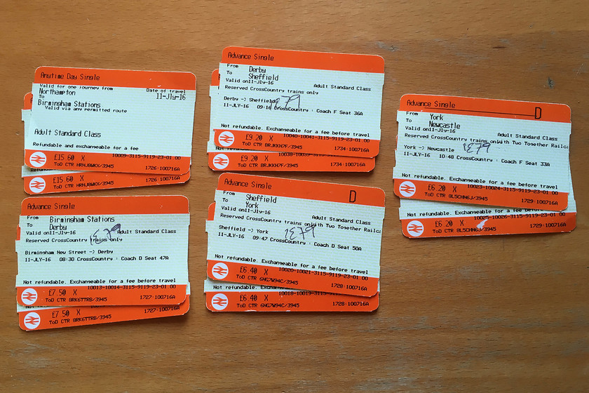 Tickets, Northampton-Newcastle 
 By splitting the tickets five ways, I once again saved a load of cash! Just under 45 each seems pretty good value equating to less than 0.2p/mile, not bad really!