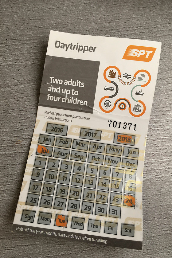 Daytripper ticket 
 SPT's excellent Daytripper ticket. This cost Andy and I 21.80 and gave us total freedom on the rail, underground and bus network for one day. A great value ticket that we would throughly recommend.