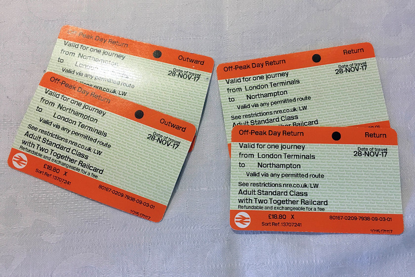 Tickets, Northampton-London Euston Northampton 
 Our return tickets from Northampton to Euston. 
 Keywords: Tickets Northampton-London Euston Northampton