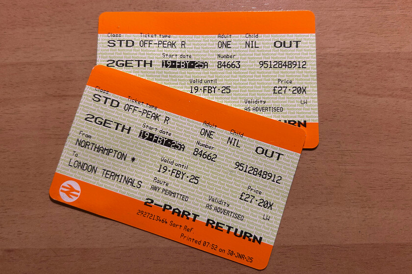 Tickets, Northampton-London Euston 
 Our outward tickets from Northampton to Euston. Notice the price at just over 27 which is creeping up. Gone are the days of a less than 20 return trip to London that we used to enjoy a few years ago, see.... https://www.ontheupfast.com/p/21936chg/30020437333/tickets-milton-keynes-london-euston 
 Keywords: Tickets Northampton-London Euston