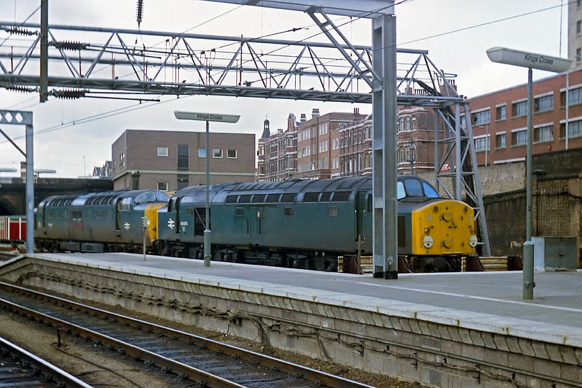 40074 & 55002, stabled, London Kings Cross station 
 40074 and 55002 'The King's Own Yorkshire Light Infantry' sit stabled on the eastern side of King's Cross station. This new stabling area was created with the rebuilding of the platforms from the Great Northern electrification programme and the closure of York Road station that was situated directly behind the locomotives. 
 Keywords: 40074 55002 stabled London Kings Cross station