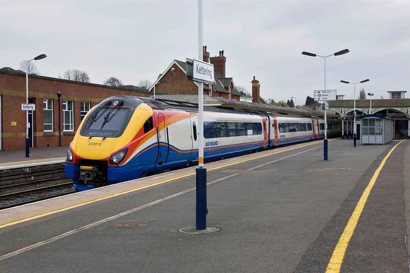 222012, EM 09.41 London St. Pancras-Crickelwood (via Manton Junction, reversal at Syston) ECS (5Z17), Kettering station 
 I am not absolutely sure as to why this rather unusually routed out and back empty stock move was taking place, perhaps it was to simply turn the unit...if anybody can advise please do contact me. 222012 passes at speed through Kettering's platform two as the 5Z17 09.41 St. Pancras to Cricklewood via Corby, Manton Junction and a reversal at Syston. 
 Keywords: 222012 09.41 London St. Pancras-Crickelwood via Manton Junction reversal at Syston ECS 5Z17 Kettering station East Midlands Train Meridian