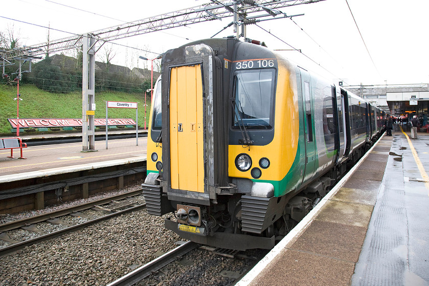 350106, LM 13.14 Birmingham New Street-London Euston (2Y28), Coventry station 
 It was indicated that the train that we travelled home from Birmingham on had a reasonable dwell time at Coventry. So, much to my wife's alarm, I bailed from the train to take this picture. Off-course, I had ample time even managing to compose the picture in order to get Coventry's large running-in sign on the grassy bank in the background. We were travelling on 350106 forming the 13.14 Birmingham New Street to London Euston. 
 Keywords: 350106 13.14 Birmingham New Street-London Euston 2Y28 Coventry station