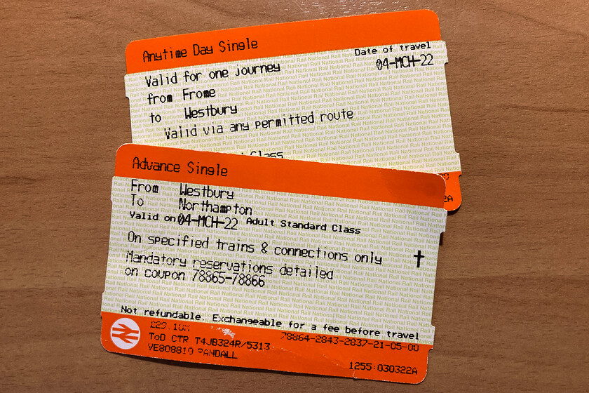 Tickets, Frome-Northampton 
 The tickets for my journey from Frome to Northampton were split just two ways with a total fare of 33 with the Frome to Westbury leg costing 3.90 working out at 71p per mile. The rest of the journey cost a far more reasonable 18p per mile even less when including the short transfer from Paddington to Euston Square via TfL. It must be noted that the tickets were not checked at any time until approaching Milton Keynes and then again to get through the gates at Northampton so full marks to London Northwestern and a poor show from Great Western Railway. 
 Keywords: Tickets Frome-Northampton