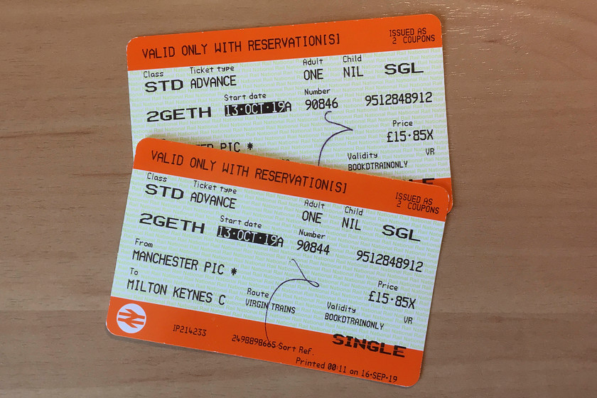 Tickets, Manchester Piccadilly-Milton Keynes Central 
 Our tickets home from Piccadilly to Milton Keynes. At just under 16 each they were considerably more than the outward tickets, see.....https://www.ontheupfast.com/v/photos/21936chg/27878207004/tickets-milton-keynes-central-manchester Both were OP advanced fares so it just goes to prove, yet again, the ridiculous pricing policies that operate on our railway and this despite so many 'reviews' that were supposed to sort out this highly unsatisfactory situation. 
 Keywords: Tickets Manchester Piccadilly-Milton Keynes Central