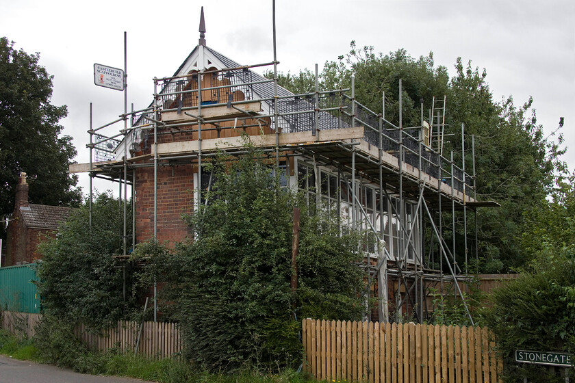 Former Cowbit signal box (GN, 1882) 
 Located adjacent to the former level crossing in Cowbit the signal box is seen undergoing a complete restoration. It appears that the restoration is being undertaken to maintain all the original design features of the 1882 Great Northern box that I photographed back in 1981 standing in a very similar spot, see.... https://www.ontheupfast.com/p/21936chg/30046908492/x46-cowbit-signal-box-gn-1882 
 Keywords: Former Cowbit signal box GN