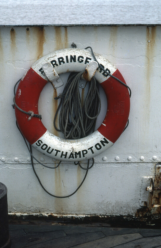 Lifebelt, MV Farringford 
 One of Farringford's life belts is seen in this photograph. Notice that the vessel remains registered in Southampton a legacy of the first thirty years of its operating life plying the Lymington to Yarmouth Isle of Wight route. 
 Keywords: Lifebelt MV Farringford Sealink