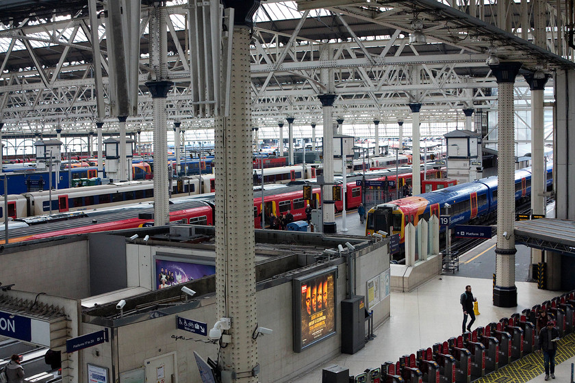 General view, London Waterloo station 
 The London and South Western Railway opened Waterloo station in July 1848. It has been re-built, attacked by the Luftwaffe and renamed International when it was linked directly to Europe by Eurostar. Through all that, it remains the Uk's (and Europe's) busiest and largest station. Here is a general view from the mezzanine floor that illustrates the scale of the place. Numerous trains wait to leave for all sorts of locations throughout the south and southeast. 
 Keywords: London Waterloo station