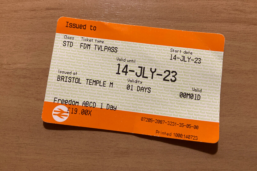 Freedom Travelpass (Bristol Area) 
 My Bristol area one-day Freedom Travelpass, which could only be bought from a ticket office, covers zones A to D within the Bristol area, see..... https://travelwest.info/tickets-travelcards/freedom-travelpass-bus-rail-passes/ Andy and I made good use of the card travelling a total distance of one hundred and thirty one miles that equates to a cost of just under fifteen pence per mile. This included fifty-seven miles of HST travel on three different Castle sets. 
 Keywords: Freedom Travelpass Bristol Area