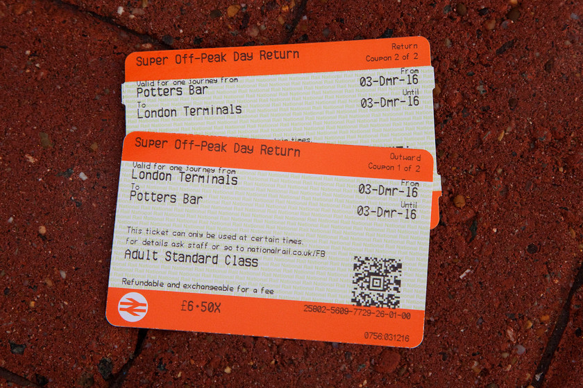 Tickets, London King`s Cross-Potters Bar-Moorgate 
 My super off-peak tickets bought from a machine in the concourse at King's Cross. This journey involved a break in the return journey to Moorgate at Alexandra Palace. 
 Keywords: Tickets, London King`s Cross-Potters Bar-Moorgate