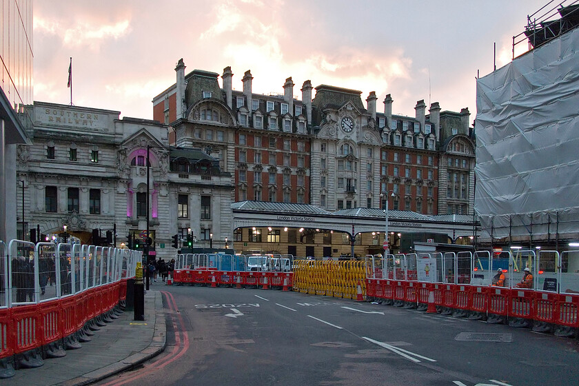 Frontage, London Victoria station 
 With the afternoon light fading fast Victoria station is seen dwarfed by the surrounding buildings. The history of the station is fascinating to which a whole book could be dedicated! This Renaissance-style building, designed by Charles Langbridge, replaced the original building that was opened in 1860. It remains a busy and somewhat cramped and, if I'm honest, a little run down and tatty station not helped by the 1980s work inside that included an over-platform shopping precinct named Victoria Place. 
 Keywords: Frontage London Victoria station