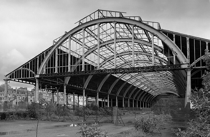 Trainshed, Bath Green Park station 
 With its bulk silhouetted against the sky, the trainshed of Bath's former Green Park station makes a powerful sight. Until deemed unsafe the are inside the structure had been used for car parking after closure came in 1966 and following the withdrawal of freight facilities in 1970. 
 Keywords: Trainshed Bath Green Park station