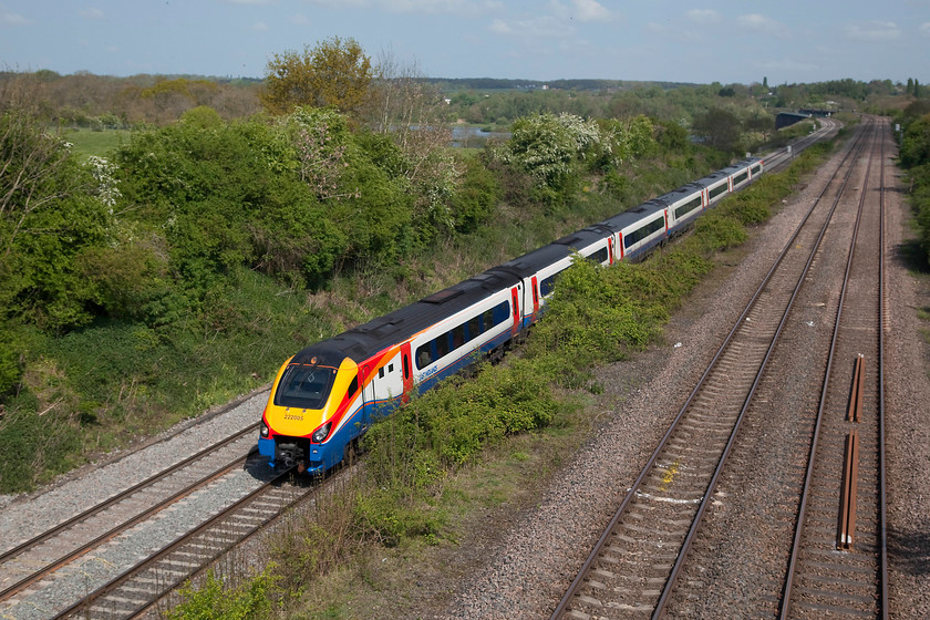 222005, EM 09.29 Sheffield-London St. Pancras (1C30), Moor End Lane Bridge TL007580 
 Since Sharnbrook Junction, about two miles away in the distance, the slow and fast lines have been at different levels and they continue like this for some distance. Here, 222005 working the 09.29 Sheffield to London St. Pancras passes Moor End Lane Bridge on the up fast that is down below in a mini cutting. 
 Keywords: 222005 1C30 Moor End Lane Bridge TL007580