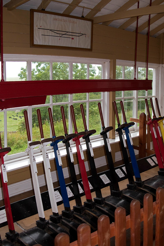 Interior, Hartington signal box (LNWR, 1899) (Preserved as tea room) 
 Hartington's 1899 LNWR signal box is preserved today and in use as a tea room. Above, the levers are still in situ with some useful information and pictures to educate the visitors as to its history. 
 Keywords: Interior Hartington signal box