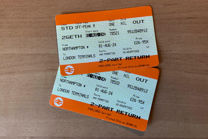 Tickets, Northampton-London Euston 
 Our outward tickets from Northampton to Euston. Being off-peak they are effectively 'open' tickets but they do give my wife and me a little more flexibility in terms of what trains we choose to travel on. 
 Keywords: Tickets Northampton-London Euston