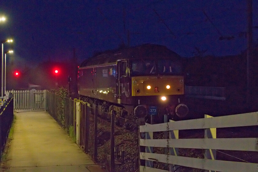 47848, for the return leg of The Coronation Deltic, 17.10 Scarborough-London King's Cross (terminated at Finsbury Park) (1Z56, 71L), Retford station 
 WCR's 47848 eases very slowly wrong line in preparation to attach to the front of The Coronation Deltic charter at Retford station. Unfortunately, 55009 'Alycidon' that was leading the train had failed forcing the whole train rescued and drawn south towards London. This meant, after already late running caused by signalling issues, that a very late arrival at King's Cross was now likely. The on-board team from UK Railtours did a very good job at informing and helping passengers with onward transportation. In the end, the train was terminated at Finsbury Park so I hope that everybody got home from there! Andy and I were helped by a very nice couple with whom we shared our four-seat bay who took us in their car from Peterborough station to where we had parked our car which was considerably away from the station. That was very generous of them as it was out of their way and just goes to show how people come together to help each other when things get difficult. 
 Keywords: 47848 The Coronation Deltic 17.10 Scarborough-London King's Cross terminated at Finsbury Park 1Z56 Retford station Thunderbird