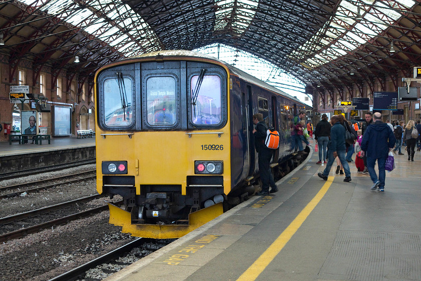 150926, GW 13.14 Bristol Temple Meads-Severn Beach (2K24), Bristol Temple Meads station 
 150926 has just arrived at Bristol Temple Meads and will soon re-trace its steps to Severn Beach leaving at 13.14. This is the train that I travelled on all the way to its destination, a route that I had never taken before. In my years of spotting at Temple Meads during the 1970s, this service was usually operated by a single-unit bubble car that used to arrive and depart from the bay platform one. 
 Keywords: 150926 13.14 Bristol Temple Meads-Severn Beach 2K24 Bristol Temple Meads station