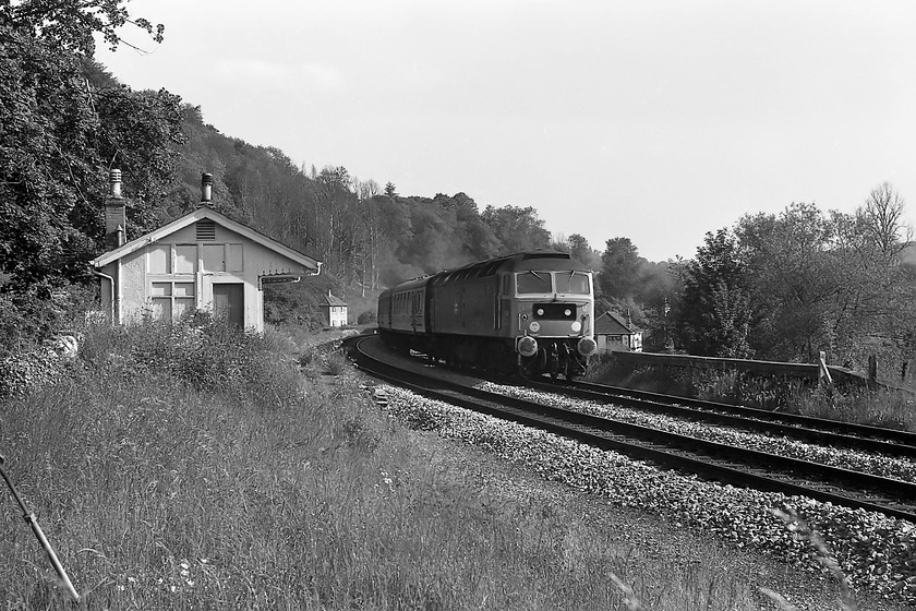 47077, unidentified up working, Limpley Stoke 
 A smart looking 47077 'North Star' passes the old station building at Limpley Stoke deep in the Avon valley. Close examination of the locomotive reveals that it is carrying its GWR style plates as worn by a small number of the class. Note the odd white circles applied to the front of the loco. If anybody can advise as to what the purpose of these were, that were also seen on some other class 47s at this time, please let me know. 47060 is still with us today preserved on the West Somerset Railway as D1661. It also has little bit of celebrity status as being the locomotive, along with 47847, that hauled the final locomotive hauled service train from Penzance in August 2002, the 08:46 1M56 to Manchester Piccadilly. 
 Keywords: 47077 up working, Limpley Stoke