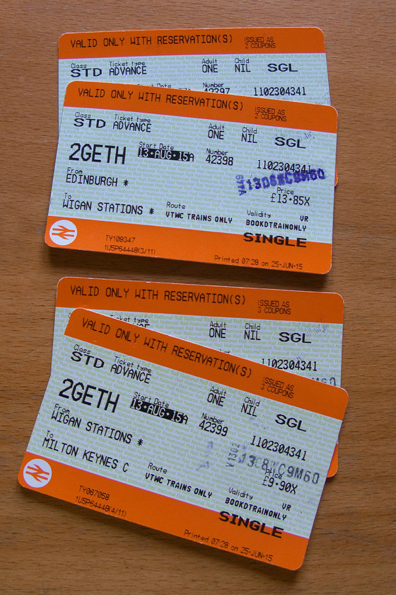 Tickets, Edinburgh-Milton Keynes Central 
 Here are our single tickets from Edinburgh to Milton Keynes. With our two-together discount loaded it works out at a ridiculous 23.48 each! This is great value and equates to just about 0.7p per mile that just goes to prove that there are real value fares out there depending on when you choose to travel, when you wish to buy them and, in the case of this journey, taking advantage of splitting the ticket at Wigan. 
 Keywords: Tickets Edinburgh-Milton Keynes Central