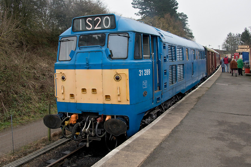 31289, 12.00 Pitsford return, Pitsford & Brampton station 
 In its unorthodox livery 31289 'Phoenix' waits at Pitsford and Brampton station. It will soon leave with the 12.00 return working that my wife and I enjoyed travelling on. 
 Keywords: 31289 12.00 Pitsford return Pitsford & Brampton station NLR Northampton and Lamport Railway