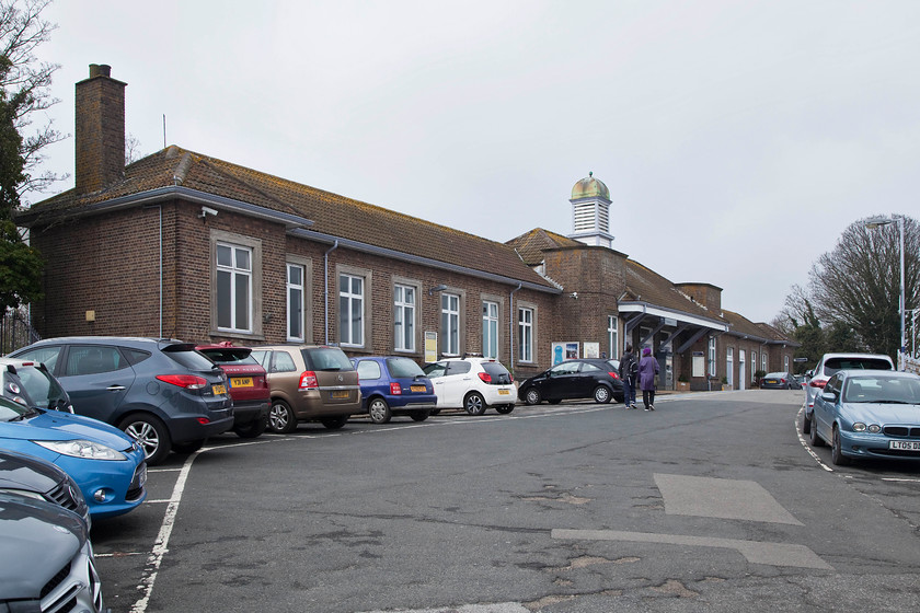 Frontage, Broadstairs Station 
 Broadstairs station opened in 1863 but this building dates from when the Southern rebuilt the station in 1926. This substantial single storey brick building has its impressive clock tower that looks smart having had a recent restoration. 
 Keywords: Broadstairs Station