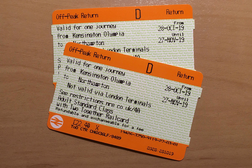 Tickets, Kensington Olympia-Northampton 
 Our off-peak return tickets from Kensington Olympia to Northampton. At 45 for the pair of us, it was not our cheapest trip to London! 
 Keywords: Tickets Kensington Olympia-Northampton