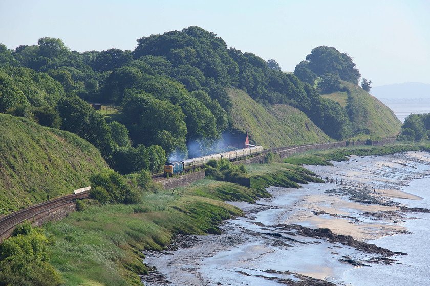 55009, outward leg of The Welsh Central Liner, 05.18 Burton-on-Trent-Shrewsbury (1Z52), Purton SO672049 
 With its characteristic train of exhaust, 55009 'Alycidon' drifts along the side of the Severn Estuary in Gloucestershire past the hamlet of Gatcombe. It was a glorious hot mid-summer's day but that itself brigs photographic problems. The direct and very strong sun does cause problems for the camera's white balance control and pictures take on a hazy look as shown here. This is after some Photoshop tinkering to improve matters! 
 Keywords: 55009 The Welsh Central Liner 05.18 Burton-on-Trent-Shrewsbury 1Z52 Purton SO672049