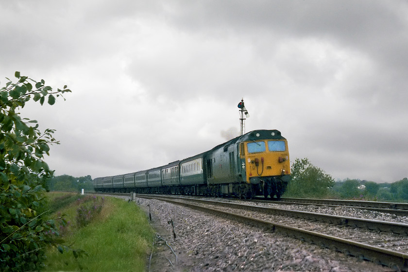 50013, unidentified up working, Heywood Road Junction 
 50103 'Agincourt' takes the Westbury cut-off as it approached Heywood Road Junction with an unidentified up working to Paddington. I am on the trackside here but am wearing a small orange hi-viz waist coat with permission from the signallman at Heywood Road box that is a short distance behind me. 
 Keywords: 50013 unidentified up working Heywood Road Junction