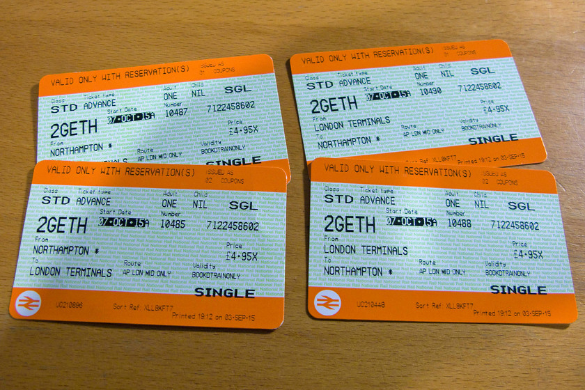 Tickets, Northampton-London Euston-Northampton 
 Our return tickets from Northampton to Euston. You can't really complain about two adults making this journey for less than 20 really! 
 Keywords: Tickets Northampton-London Euston-Northampton