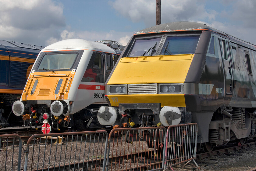 89001 & 91117, on display, Barrow Hill 
 89001 Avocet' sits in the sunshine next to 91117 at Barrow Hill's 150 + 2 open day. Nicknamed the badger (as a slightly tenuous similarity to the creature of the same name due to its steeply sloping front end) 89001 is allegedly close to being back in mainline use having been restored and refurbished by a dedicated group of AC Locomotive Group volunteers. Its story from its introduction back in 1986 is a long and convoluted one that saw it being owned by many operators and is one too long for this page but it would be great to see it hauling trains again. The story of 91117 is far more simple! From its introduction in July 1990, it saw operation on the ECML until withdrawal in 2019 when it was converted to use as a test bed locomotive by Pheonix. Its future is however now uncertain given a lack of work. 
 Keywords: 89001 91117 on display, Barrow Hill Avocet IC225 the badger