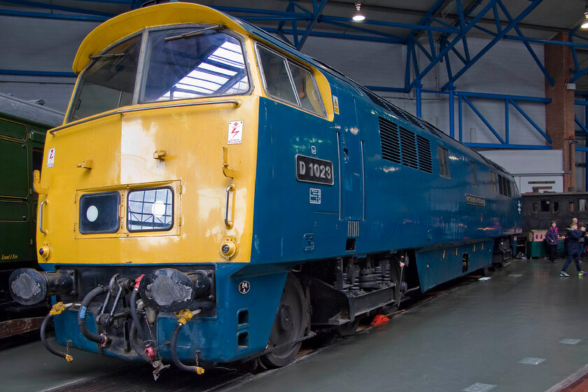 D1023, preserved, NRM 
 As a young spotter in the West Country during the mid-1970s, I managed to photograph some Westerns, for example..... https://www.ontheupfast.com/p/21936chg/C296307204/x4-westbury-27-03-76 but D1023 'Western Fusileer' was a member of the dwindling members of the class that avoided my lens! Here it is resplendent in its BR blue livery now preserved as part of the national collection. The locomotive is famous for being one of those involved in the final ever Western-hauled train on BR on 26.02.77, the fabled 'Western Tribute' charter. 
 Keywords: D1023 preserved NRM National Railway Museum Western Fusileer