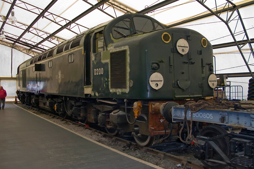 D200, preserved, NRM 
 D200 was delivered new to Stratford on 14.03.58 and was the first member of the class hauling its dbut on an express train from Liverpool Street to Norwich just over a month later on 18.04.58. Today, it takes many months of testing, commissioning and staff training before new stock enters service from delivery further emphasising what a rush British Railways were in at this time when they were dashing to eradicate steam. Towards the end of its life, as 40122 became to doyen of the class being repainted into green livery largely retained to haul enthusiasts specials well after the rest of its classmates had been withdrawn from service. It is seen here at the National Railway Museum undergoing some restoration. 
 Keywords: D200 preserved NRM National Railway Museum