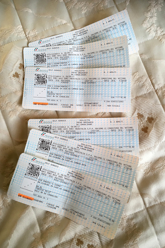 Tickets, Florence SMN-Pisa-Florence SMN 
 Our tickets to and from Pisa. At 50 for all three of us, it was an expensive trip but I am not convinced that we did this the cheapest way? 
 Keywords: Tickets, Florence SMN-Pisa-Florence SMN