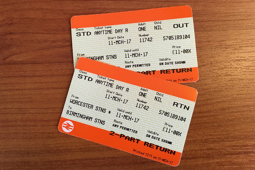 Tickets, Birmingham-Worcester-Birmingham 
 My tickets for the afternoon trip to Worcester and back, 22 for an O/P return as two singles.......hmmmm, I'm not sure?