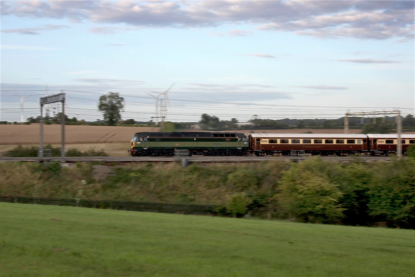 D1994, return leg of the Royal Windsor Statesman, 17.14 Windsor & Eton Riverside-Preston (1Z87), Roade Hill 
 I could hear the returning Royal Windsor excursion at Roade Hill in Northamptonshire well before I could see it as D1994 'Craftsman' was making such an alarming noise. It was a kind of grinding squeaking noise. The driver had his window open and was peering back as it passed. However, it can't have been that serious as the train made it back to Crewe and Preston on-time. As happens so often in our game, the moment the train had gone, the sun appeared from, behind a stubborn bank of cloud bathing this scene in glorious evening light! Also, I was prevented from taking a matching picture of 47614 on the rear as a class 350 heading south blocked it, it appeared from the left of the image about a second after this photograph was taken. So altogether, a pretty unsuccessful trip out from home, at least I had only ridden about a mile on my bike rather than half a day in a car! 
 Keywords: D1994 Royal Windsor Statesman 17.14 Windsor & Eton Riverside-Preston 1Z87 Roade Hill