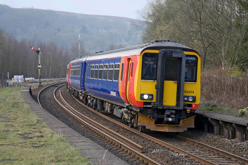 156414 & 158770, EM 12.52 Liverpool Lime Street-Norwich (1L11), Grindleford station 
 If I was to make the journey from Liverpool to Norwich, I would not want to travel in a class 156 dmu! To be fair to East Midland Trains, 156414 was attached to a more appropriate 158770 but nonetheless, niot ideal. The two set combo is seen passing through Grindleford station with the 1L11 12.52 from Lime Street. 
 Keywords: 156414 158770 12.52 Liverpool Lime Street-Norwich 1L11 Grindleford station